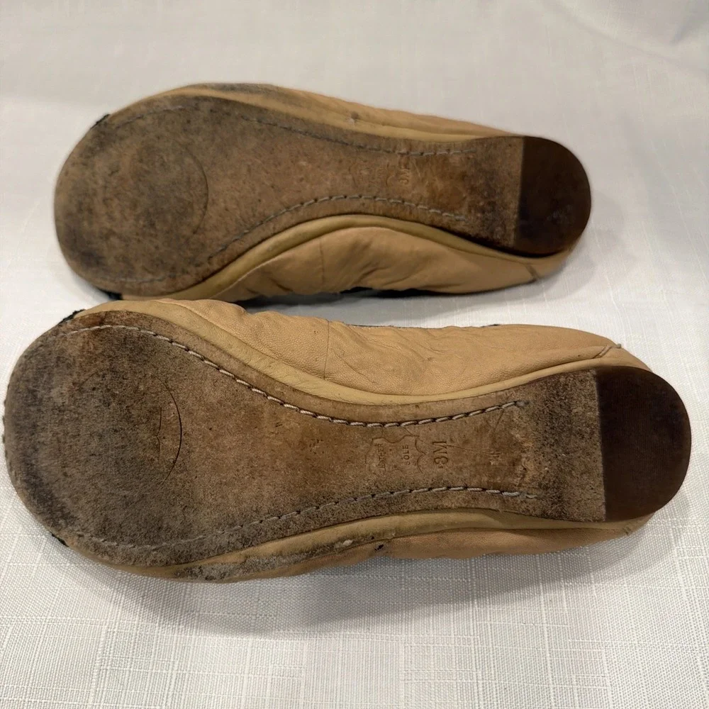 Tory Burch Minnie Cap Toe Ballet Flats Nude Black Leather Sole 8 M Travel Fold